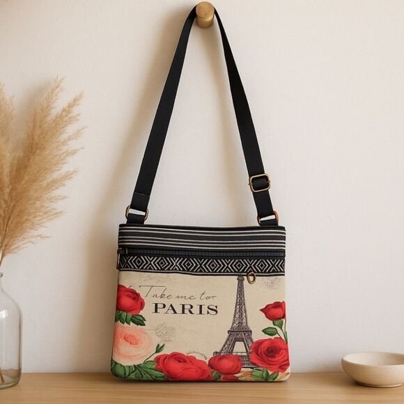 Stylish Eiffel Tower Print Mini  Canvas Crossbody Messenger Bag - Picture 3 of 11